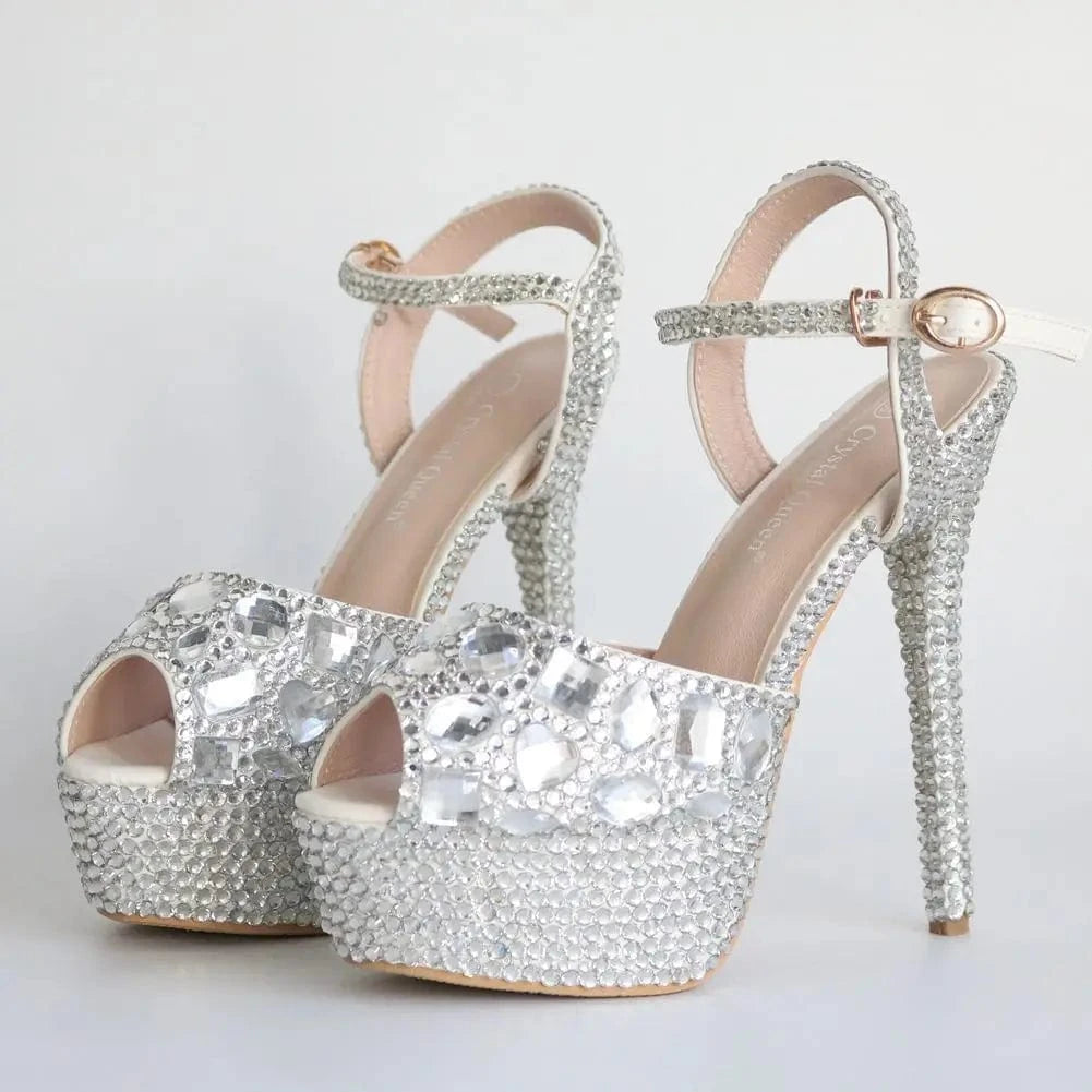 High quality new sexy fashion women shoes diamond high heels waterproof platform bride wedding shoes