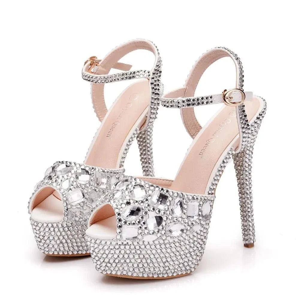 High quality new sexy fashion women shoes diamond high heels waterproof platform bride wedding shoes