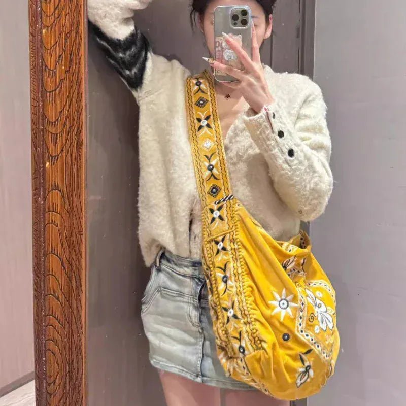 High Quality Original Design Velvet Embroidery Fringe Cloth Bag Shoulder Large Capacity Cross Body Tote Bags for Women - SN Wigs & More