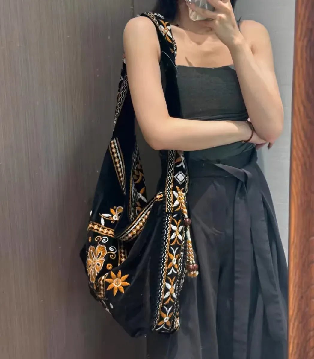 High Quality Original Design Velvet Embroidery Fringe Cloth Bag Shoulder Large Capacity Cross Body Tote Bags for Women - SN Wigs & More