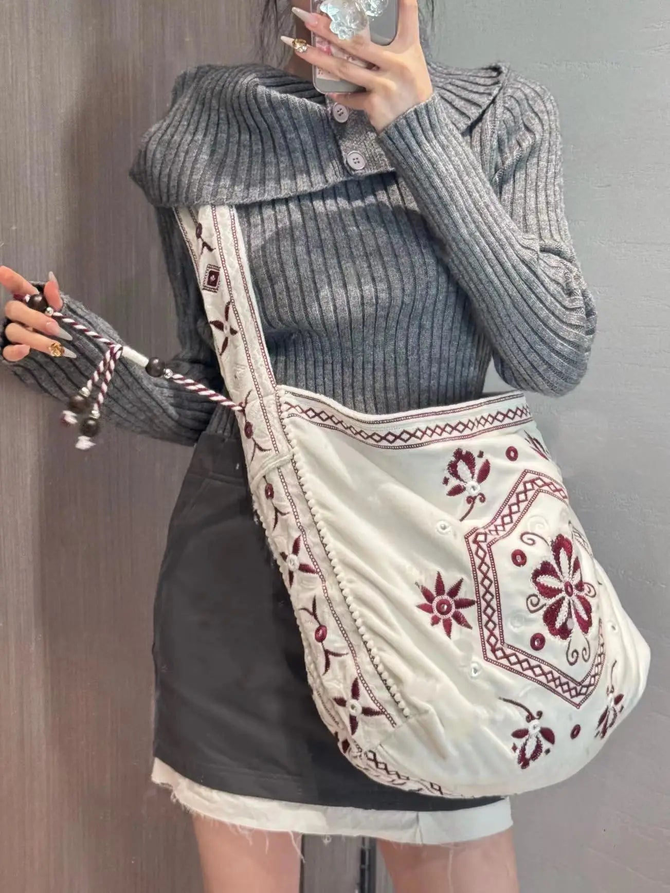 High Quality Original Design Velvet Embroidery Fringe Cloth Bag Shoulder Large Capacity Cross Body Tote Bags for Women - SN Wigs & More