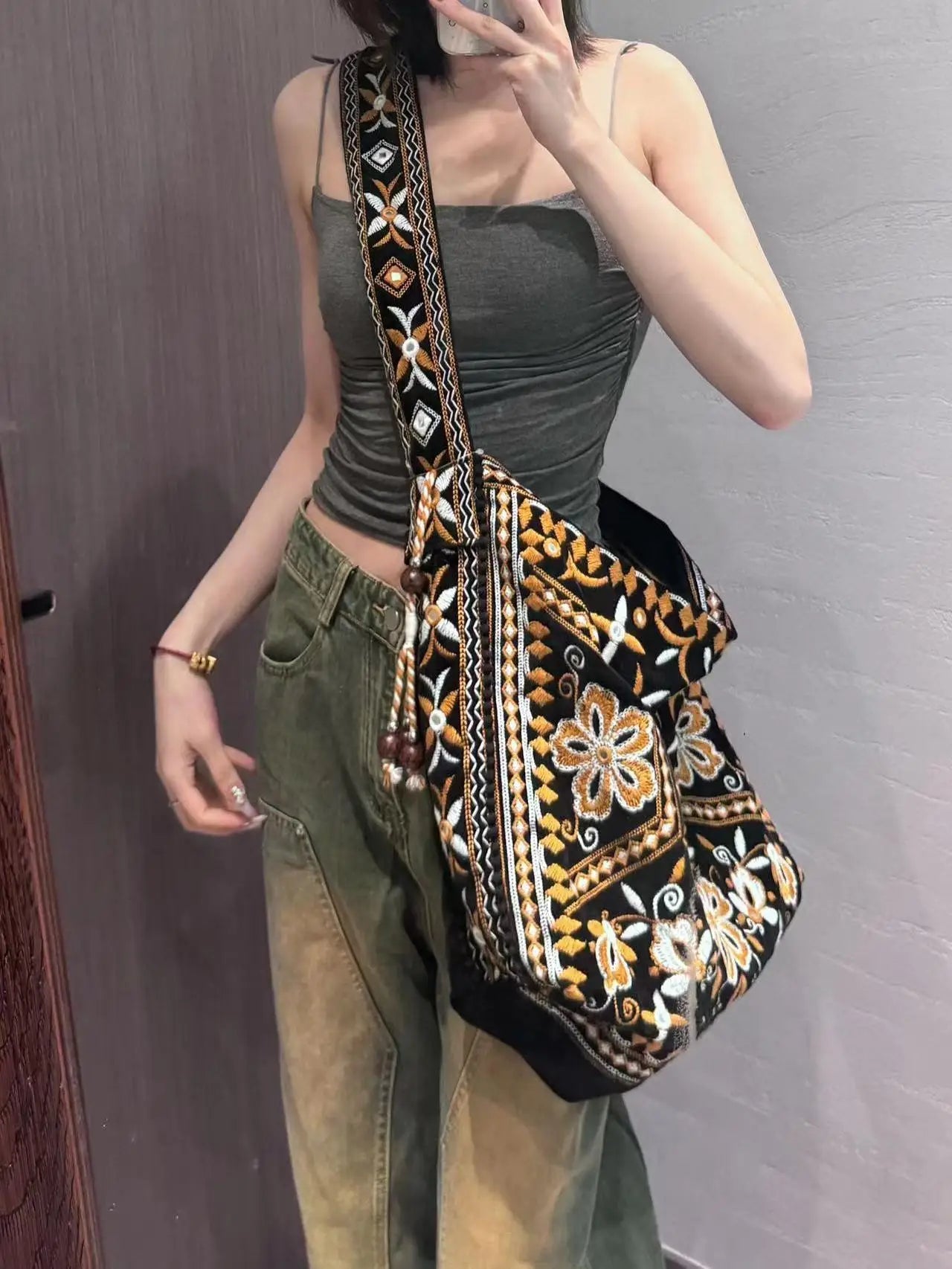 High Quality Original Design Velvet Embroidery Fringe Cloth Bag Shoulder Large Capacity Cross Body Tote Bags for Women - SN Wigs & More