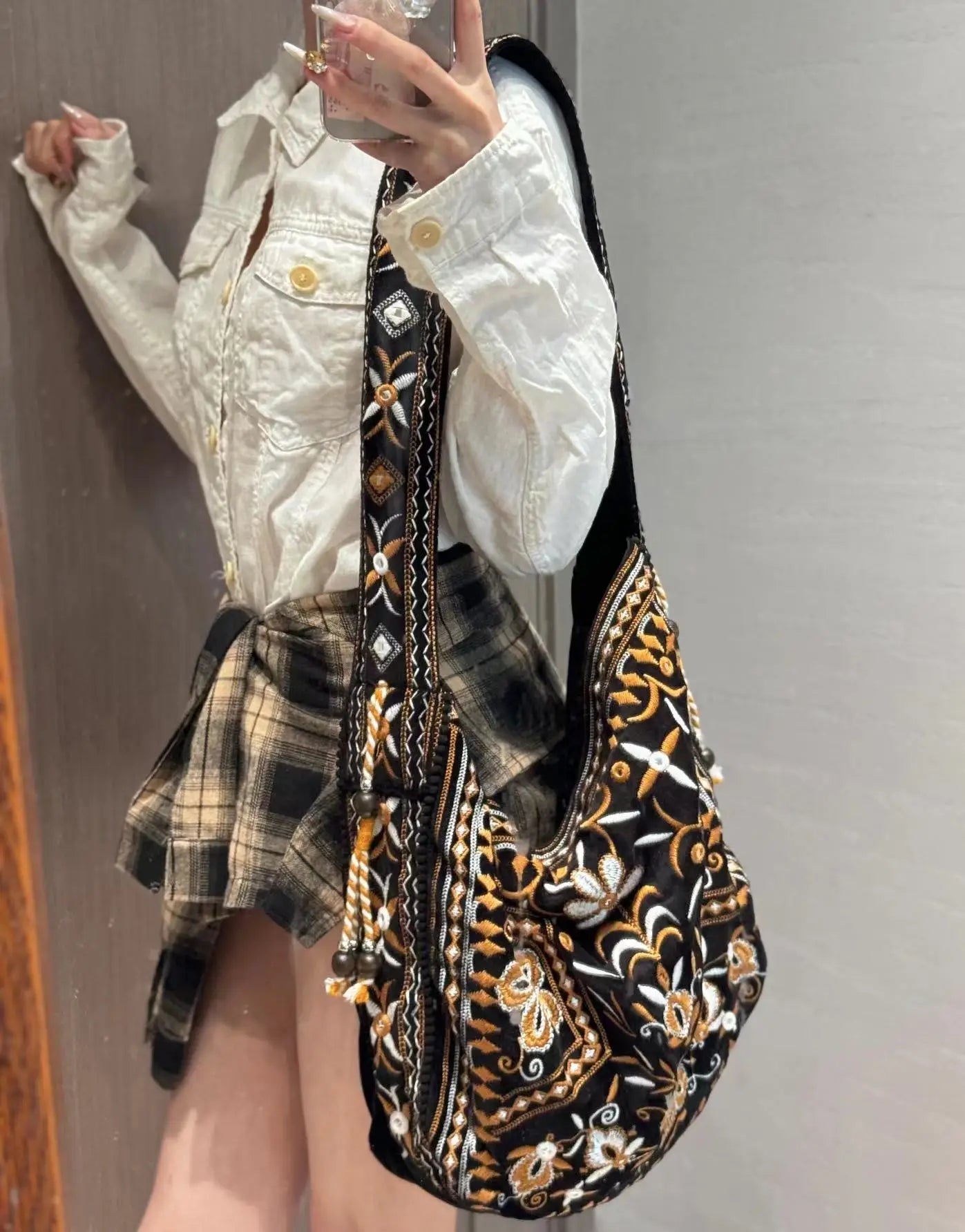 High Quality Original Design Velvet Embroidery Fringe Cloth Bag Shoulder Large Capacity Cross Body Tote Bags for Women - SN Wigs & More