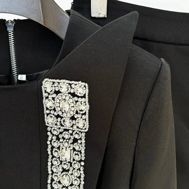 High-quality Rhinestone Black Fashion Women's Suits 2024 New Star With Heavy Nails Long Sleeve Tops Short Skirt