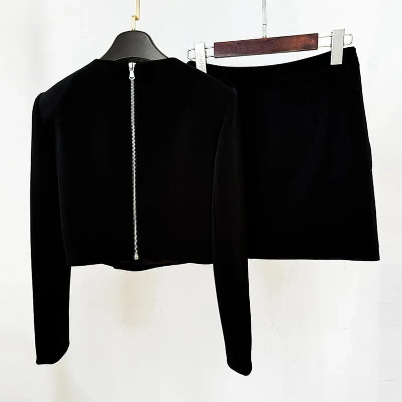 High-quality Rhinestone Black Fashion Women's Suits 2024 New Star With Heavy Nails Long Sleeve Tops Short Skirt