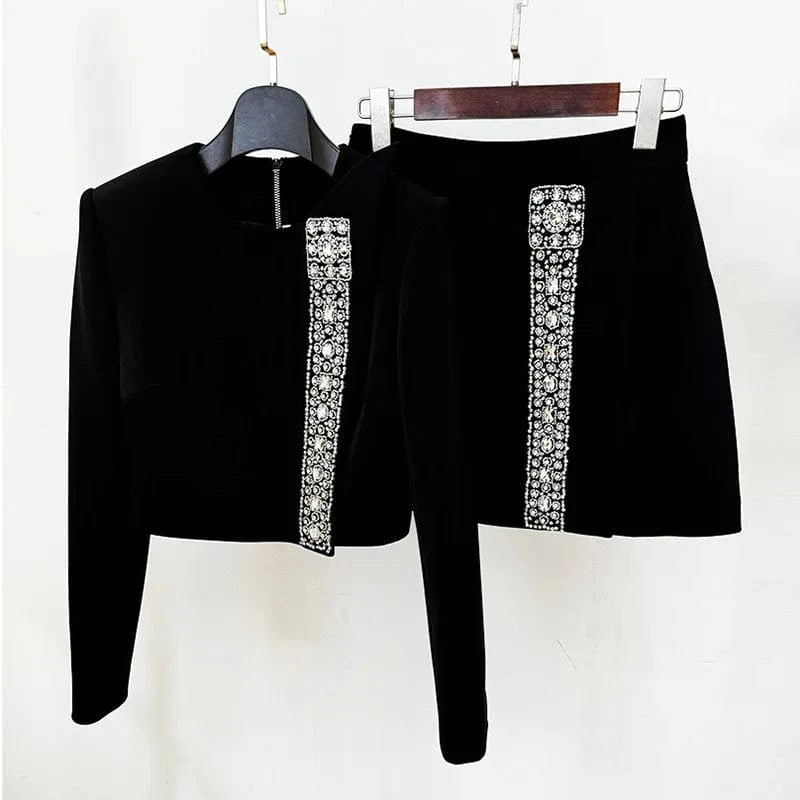 High-quality Rhinestone Black Fashion Women's Suits 2024 New Star With Heavy Nails Long Sleeve Tops Short Skirt