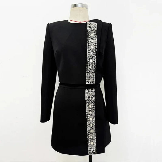 High-quality Rhinestone Black Fashion Women's Suits 2024 New Star With Heavy Nails Long Sleeve Tops Short Skirt
