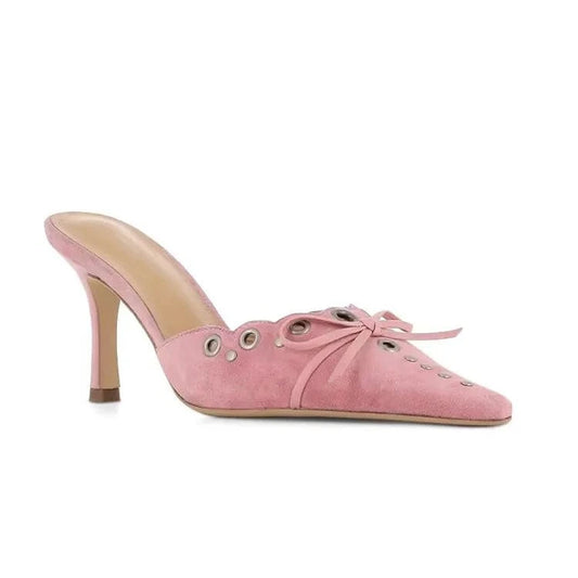 High Quality Sheep Suede Bowknot Hollow Slippers Sexy Pointed Toe Stiletto Sandals For Women Elegant Girls High Heel Sandals