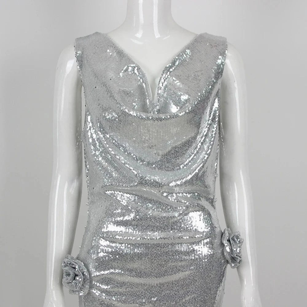 High Quality Silver Wholesale Sequin Bling Evening Formal Dress Long Party Gown Backless Dinner Dress