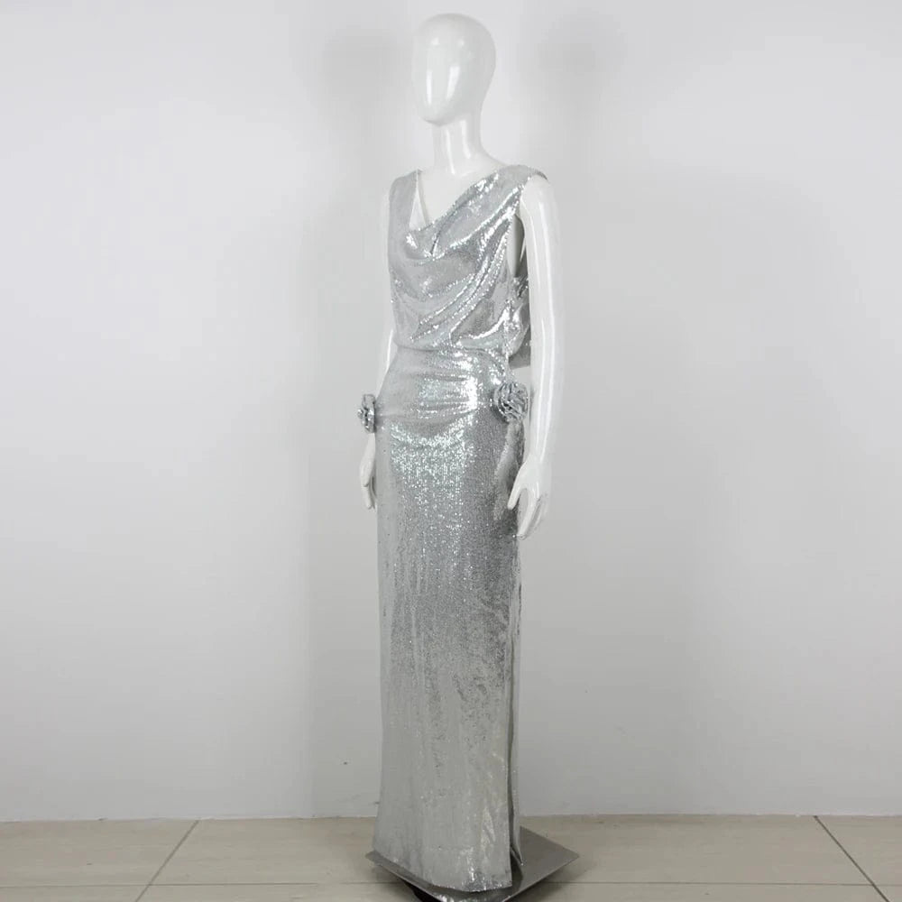 High Quality Silver Wholesale Sequin Bling Evening Formal Dress Long Party Gown Backless Dinner Dress