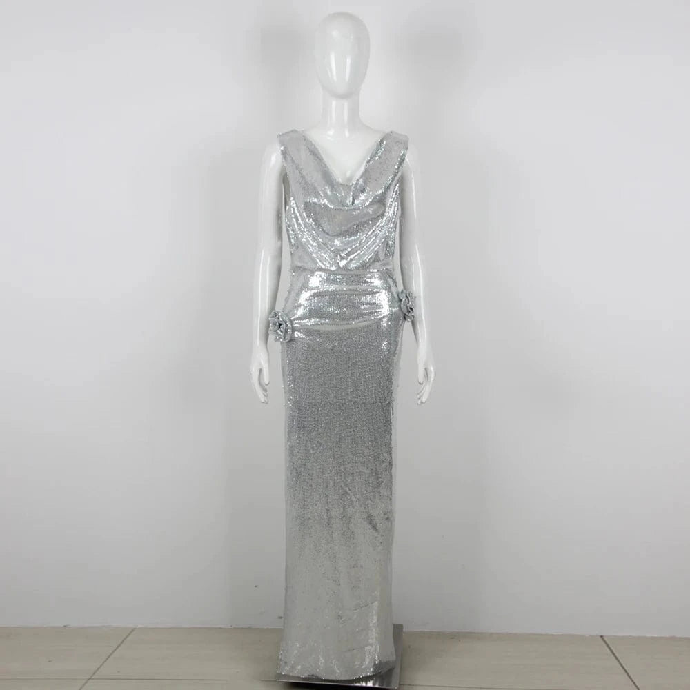 High Quality Silver Wholesale Sequin Bling Evening Formal Dress Long Party Gown Backless Dinner Dress