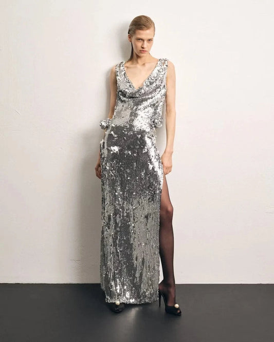 High Quality Silver Wholesale Sequin Bling Evening Formal Dress Long Party Gown Backless Dinner Dress
