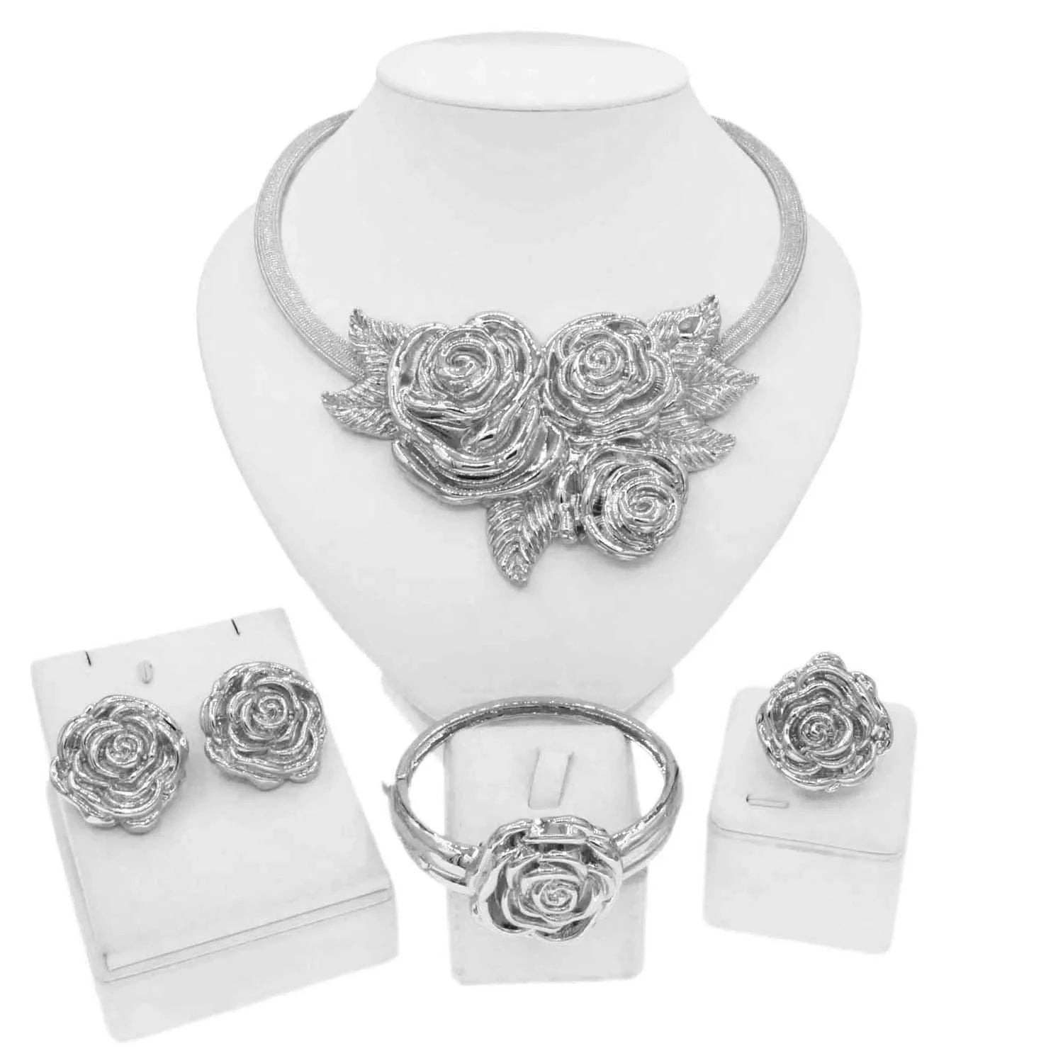High Quality Wholesale Price Silver African Jewelry Rose Design Italian Jewelry Set 925 Silver Plated Necklace Set For Women