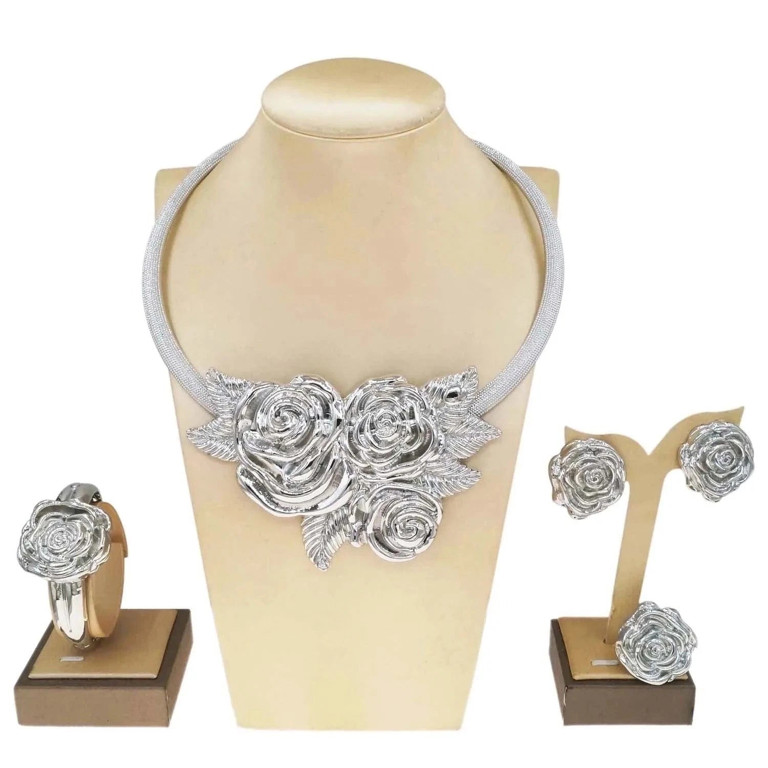 High Quality Wholesale Price Silver African Jewelry Rose Design Italian Jewelry Set 925 Silver Plated Necklace Set For Women