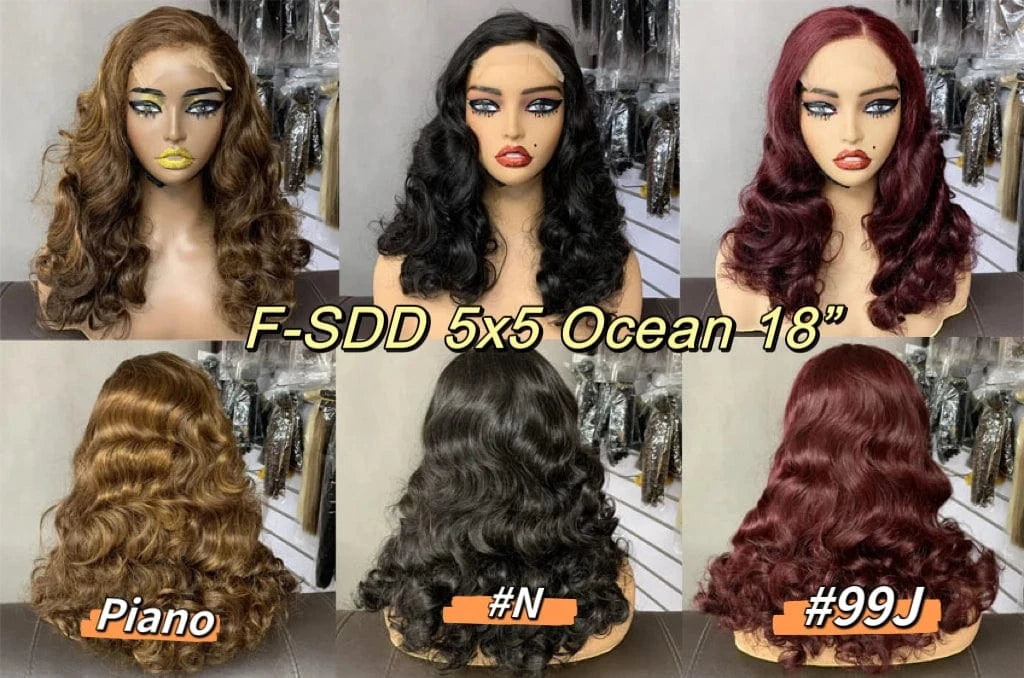 High Quality Wigs,Brazilian Human Hair Wig,SDD 18 Inch Wine Red Color Ocean Wave Lace Closure Wig 5X5