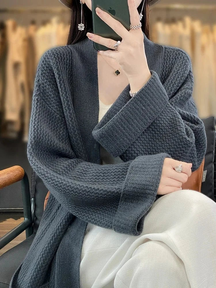 High Quality Women Cashmere Long Cardigan Autumn Winter Thick Casual Loose Style Sweater 100% Merino Wool Knitwear Korean Tops
