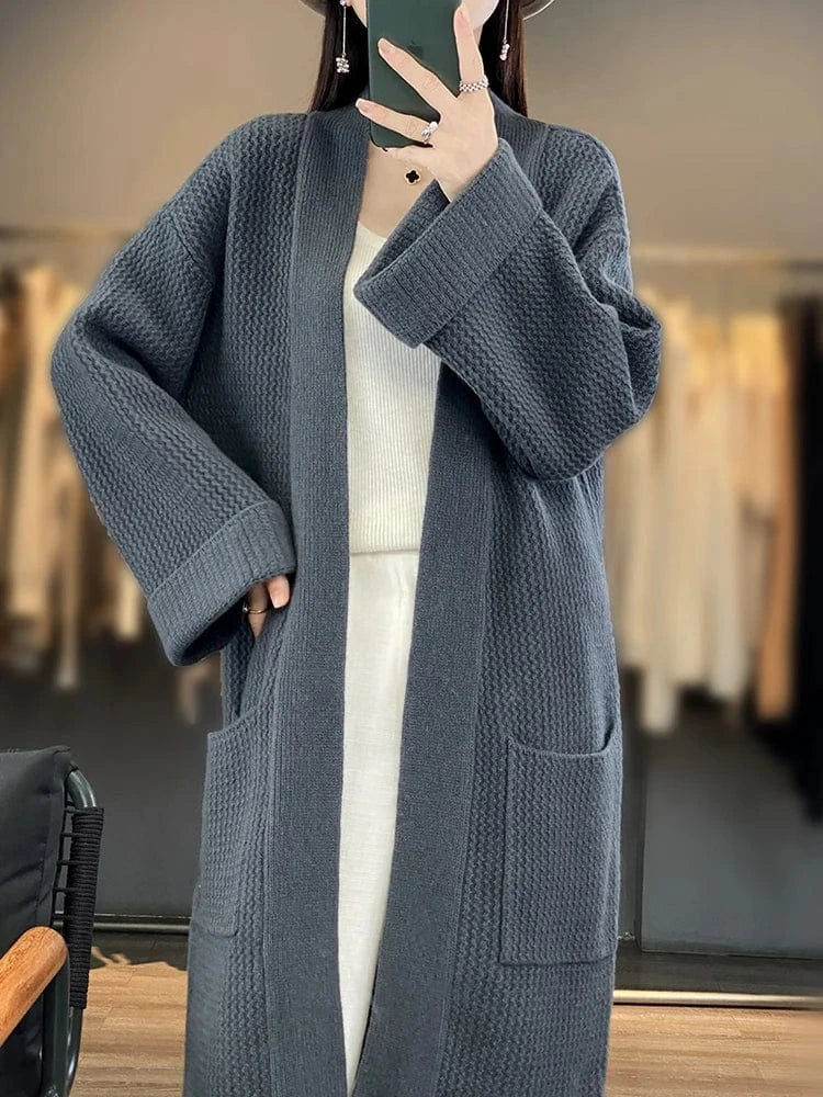 High Quality Women Cashmere Long Cardigan Autumn Winter Thick Casual Loose Style Sweater 100% Merino Wool Knitwear Korean Tops