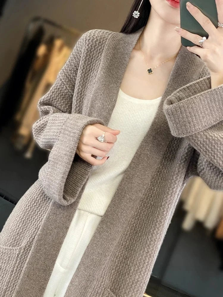 High Quality Women Cashmere Long Cardigan Autumn Winter Thick Casual Loose Style Sweater 100% Merino Wool Knitwear Korean Tops