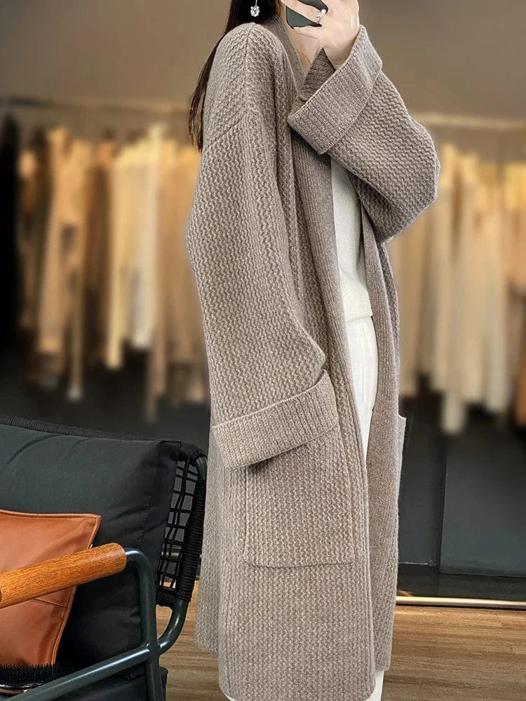High Quality Women Cashmere Long Cardigan Autumn Winter Thick Casual Loose Style Sweater 100% Merino Wool Knitwear Korean Tops