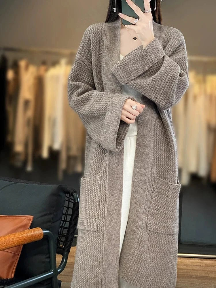 High Quality Women Cashmere Long Cardigan Autumn Winter Thick Casual Loose Style Sweater 100% Merino Wool Knitwear Korean Tops