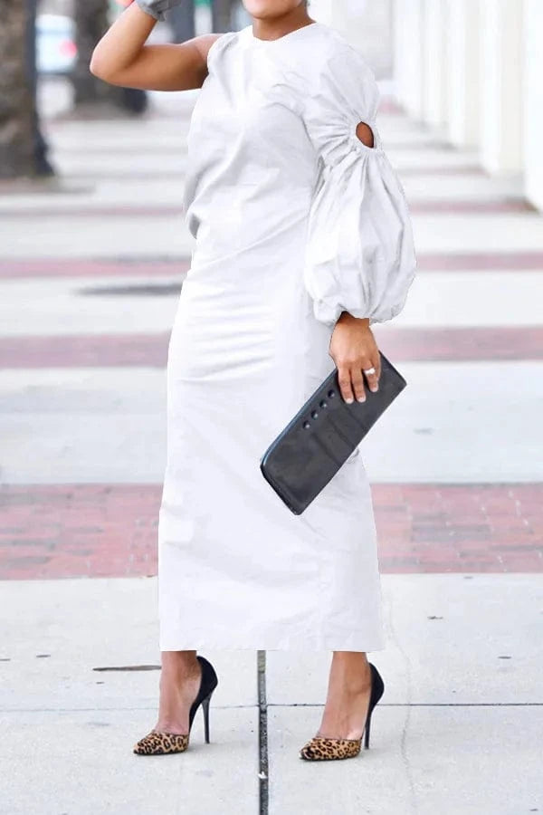 high quality women clothing Autumn and winter new Solid color single sleeve hollow side slit dress