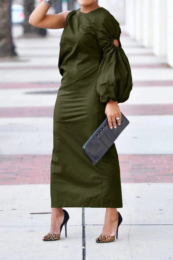 high quality women clothing Autumn and winter new Solid color single sleeve hollow side slit dress