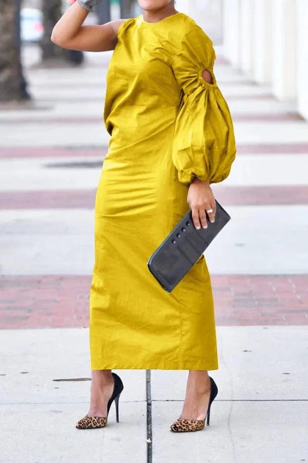 high quality women clothing Autumn and winter new Solid color single sleeve hollow side slit dress