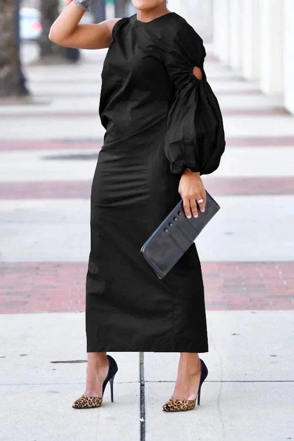 high quality women clothing Autumn and winter new Solid color single sleeve hollow side slit dress