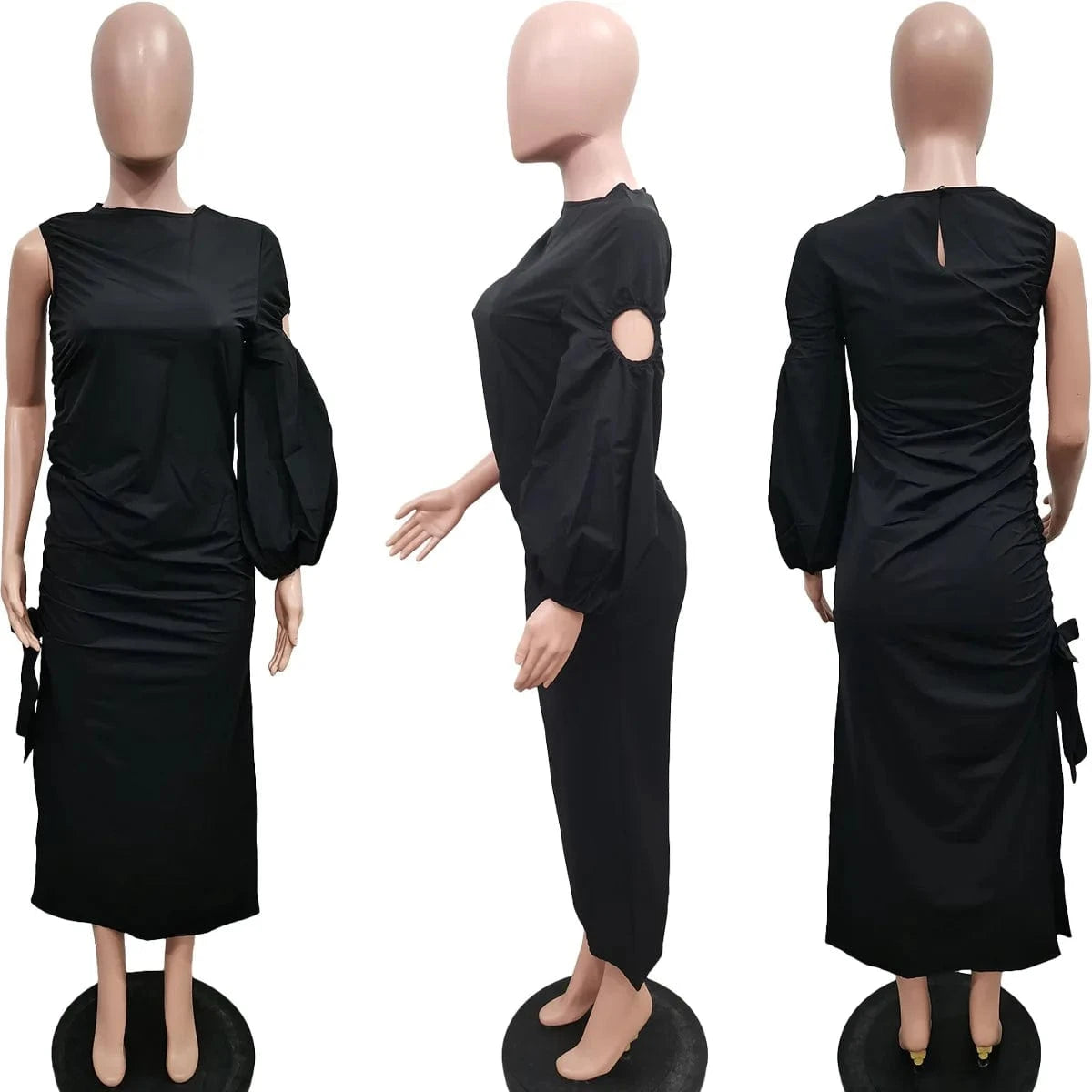 high quality women clothing Autumn and winter new Solid color single sleeve hollow side slit dress