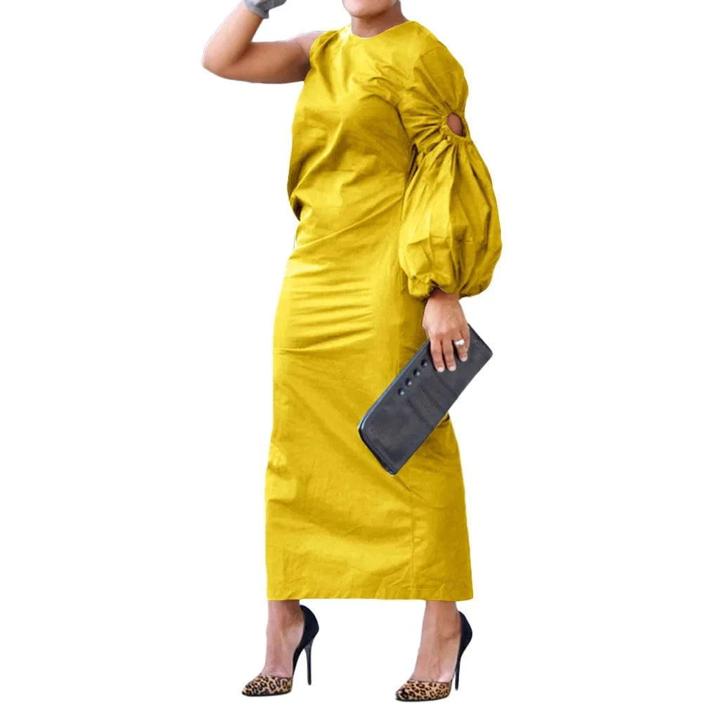 high quality women clothing Autumn and winter new Solid color single sleeve hollow side slit dress