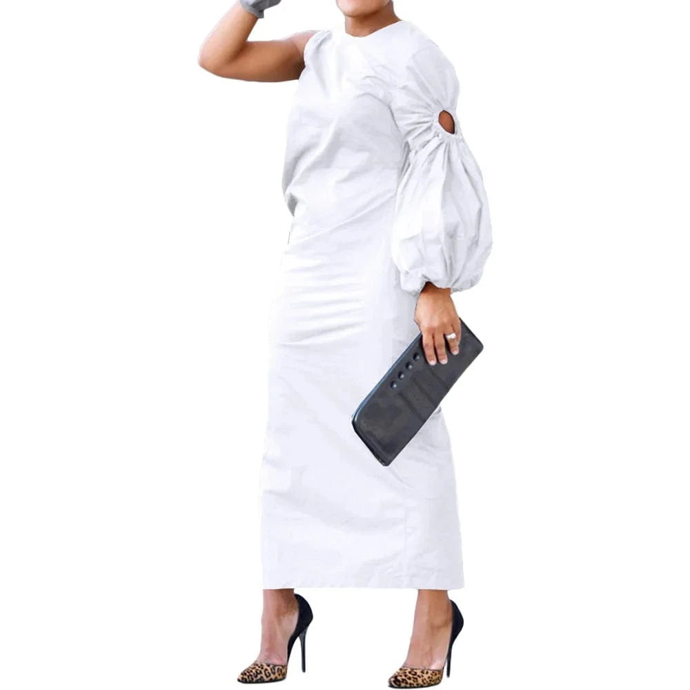 high quality women clothing Autumn and winter new Solid color single sleeve hollow side slit dress