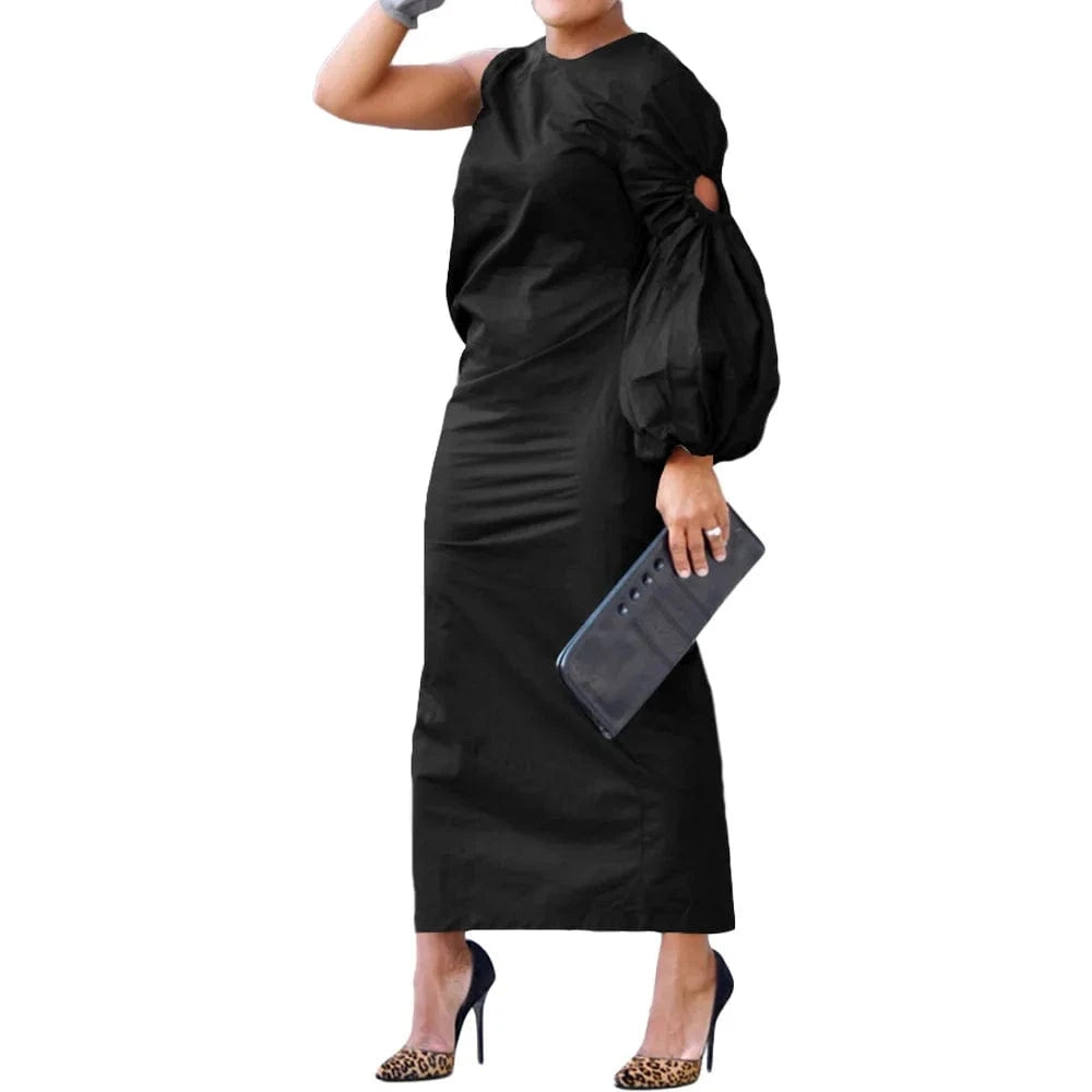 high quality women clothing Autumn and winter new Solid color single sleeve hollow side slit dress