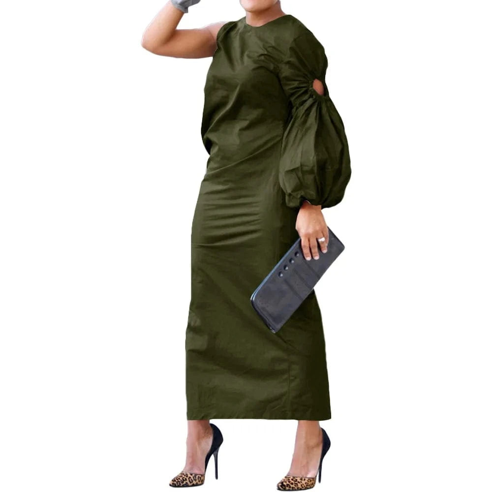 high quality women clothing Autumn and winter new Solid color single sleeve hollow side slit dress