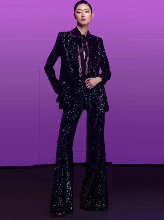 HIGH STREET 2024 Newest Designer Fashion Runway Suit Set Women's Slim Fit Glitter Sequined Velvet Blazer Flare Pants Set 2pcs