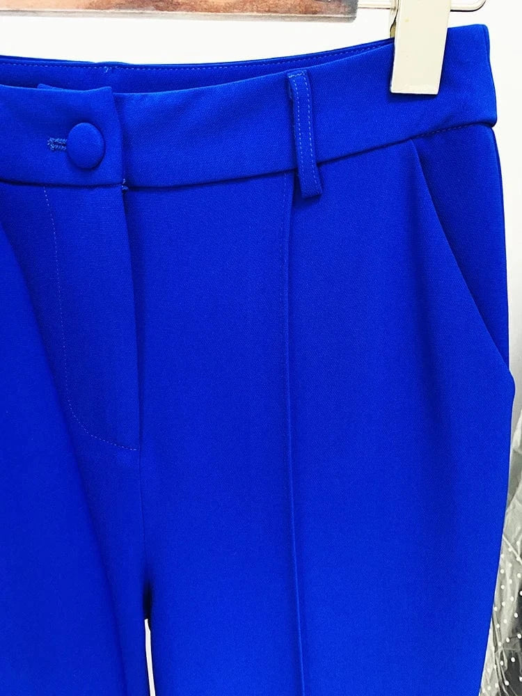 HIGH STREET Newest 2024 Designer Runway Suit Set Women's Single Button Slim Fit Lapel Blazer Flare Pants Suit 2pcs Royal Blue