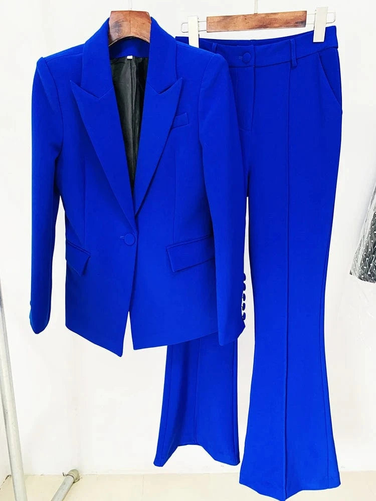 HIGH STREET Newest 2024 Designer Runway Suit Set Women's Single Button Slim Fit Lapel Blazer Flare Pants Suit 2pcs Royal Blue