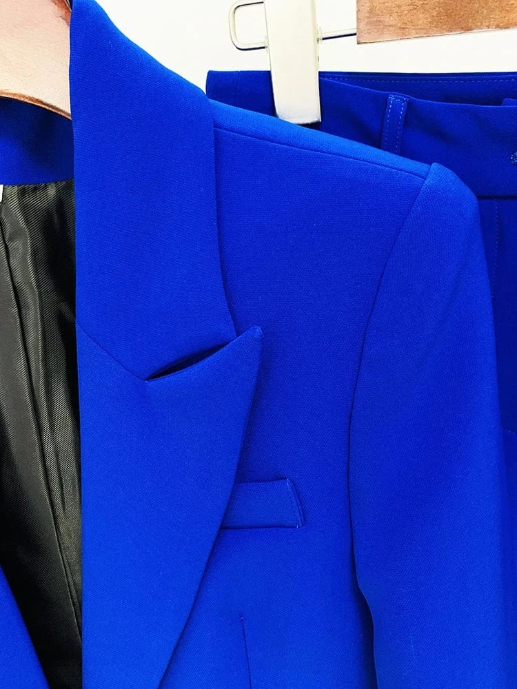 HIGH STREET Newest 2024 Designer Runway Suit Set Women's Single Button Slim Fit Lapel Blazer Flare Pants Suit 2pcs Royal Blue