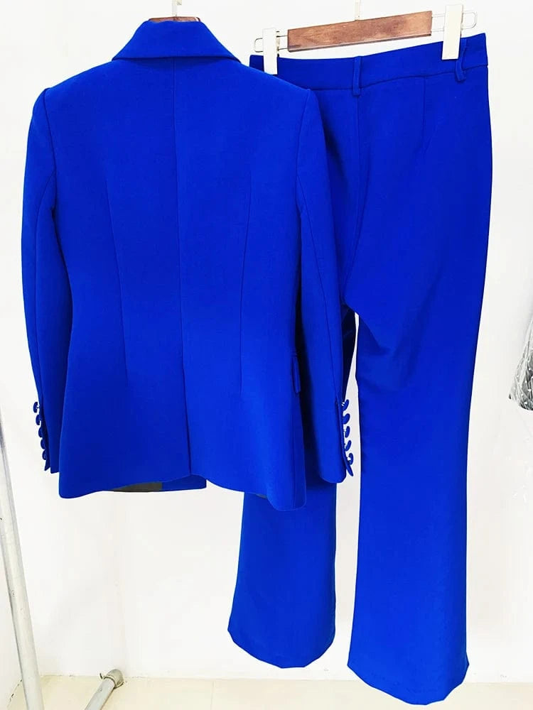 HIGH STREET Newest 2024 Designer Runway Suit Set Women's Single Button Slim Fit Lapel Blazer Flare Pants Suit 2pcs Royal Blue