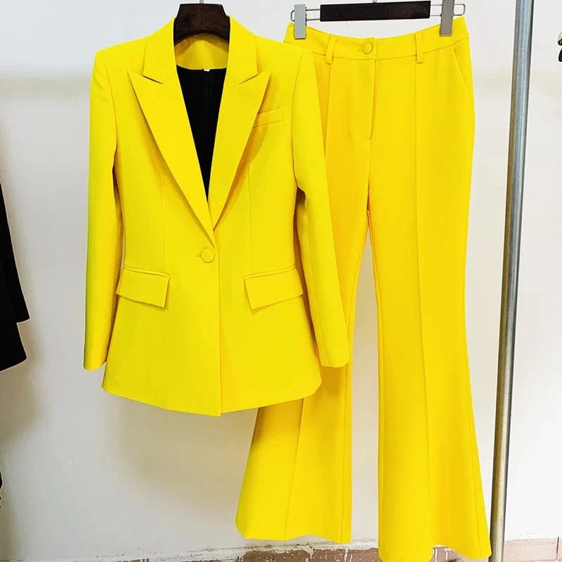 HIGH STREET Newest 2024 Runway Designer Suit Set Women's Single Button Blazer Flare Pants Suit
