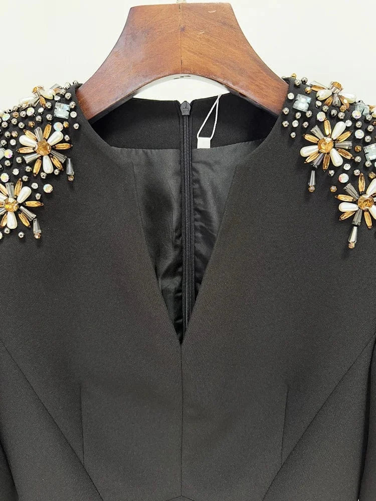 HIGH STREET Newest 2025 Designer Fashion Women's Long Sleeve Diamonds Beaded Midi Dress