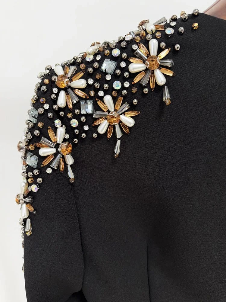 HIGH STREET Newest 2025 Designer Fashion Women's Long Sleeve Diamonds Beaded Midi Dress