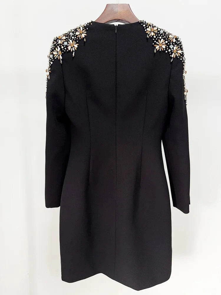 HIGH STREET Newest 2025 Designer Fashion Women's Long Sleeve Diamonds Beaded Midi Dress