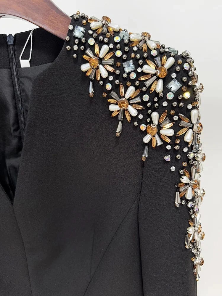 HIGH STREET Newest 2025 Designer Fashion Women's Long Sleeve Diamonds Beaded Midi Dress