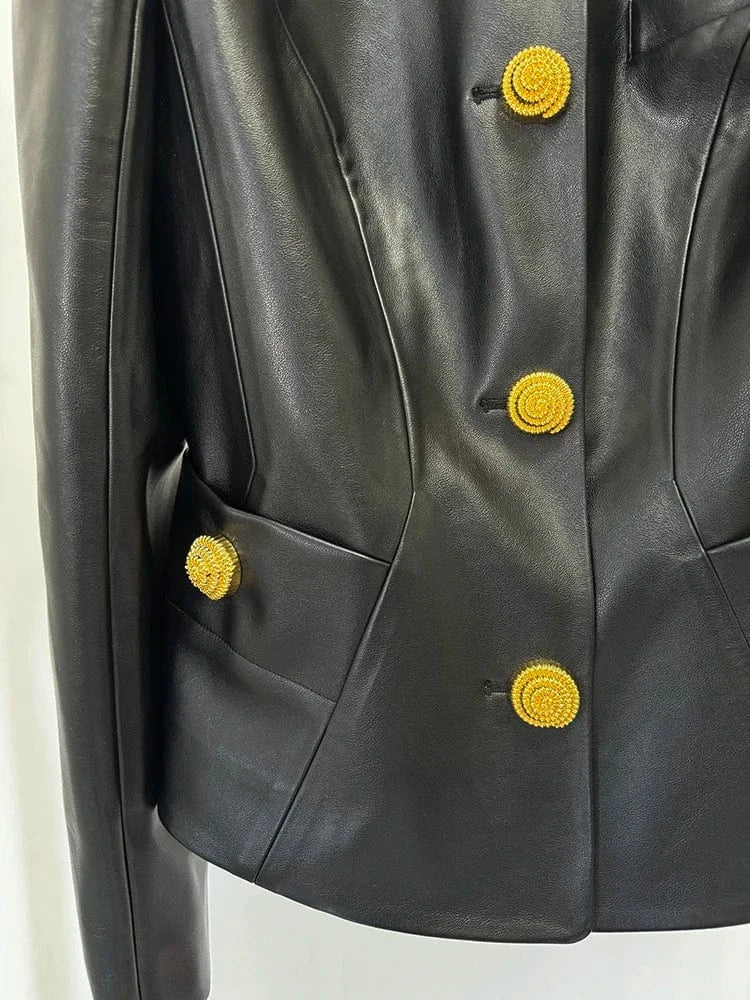 HIGH STREET Newest 2025 Designer Jacket Women's Slim Fitting Snail Button Artificial Leather Blazer