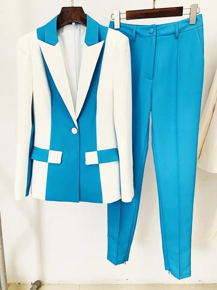 HIGH STREET Newest 2025 Designer Runway Suit Set Women's Contrast Color Block Blazer Pencil Pants Suit 2pcs