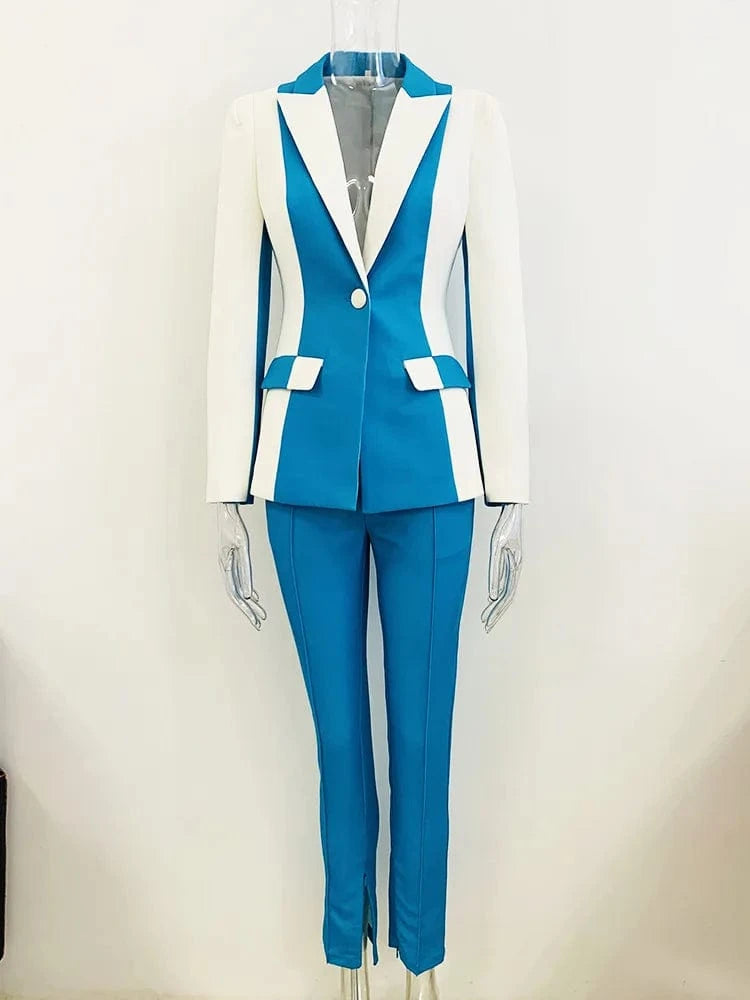 HIGH STREET Newest 2025 Designer Runway Suit Set Women's Contrast Color Block Blazer Pencil Pants Suit 2pcs