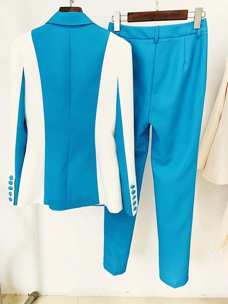 HIGH STREET Newest 2025 Designer Runway Suit Set Women's Contrast Color Block Blazer Pencil Pants Suit 2pcs