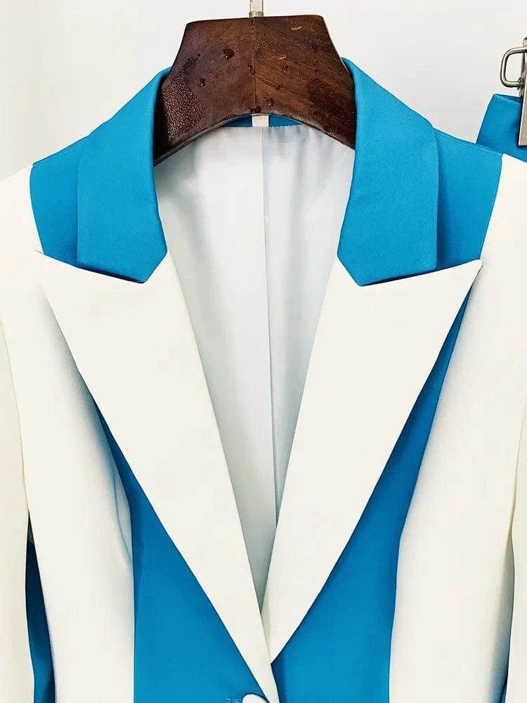 HIGH STREET Newest 2025 Designer Runway Suit Set Women's Contrast Color Block Blazer Pencil Pants Suit 2pcs