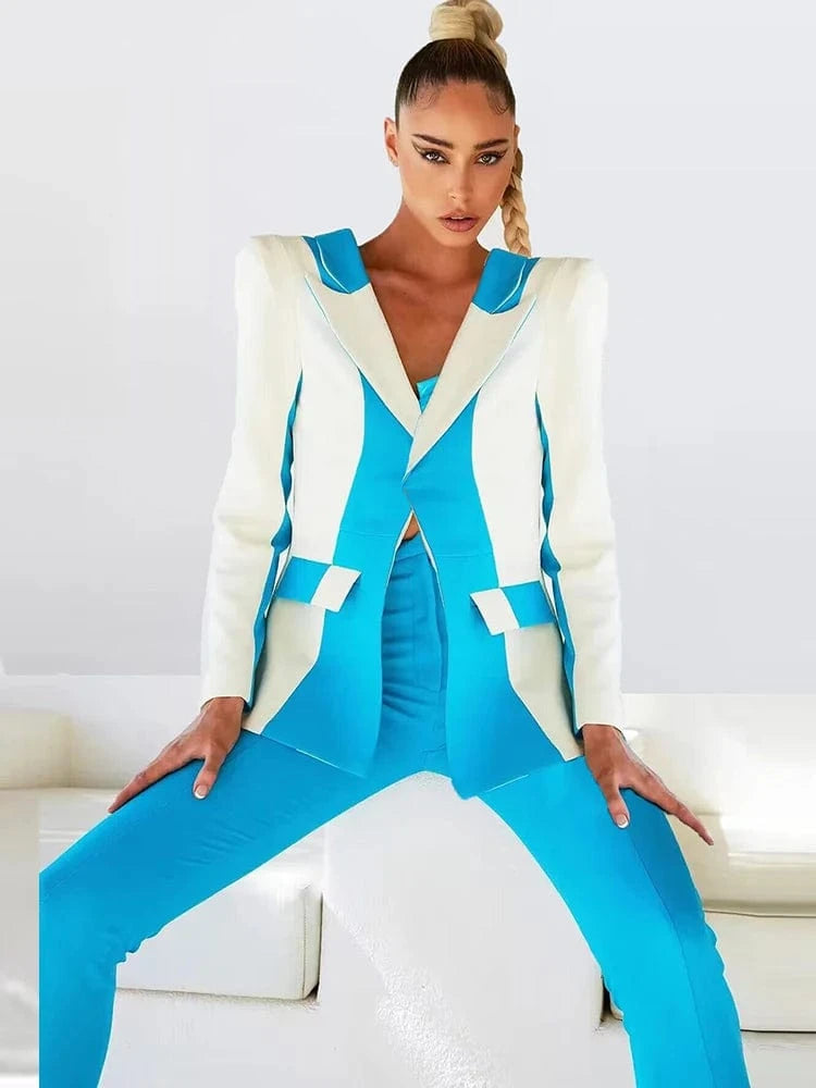 HIGH STREET Newest 2025 Designer Runway Suit Set Women's Contrast Color Block Blazer Pencil Pants Suit 2pcs