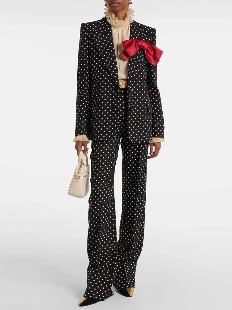 HIGH STREET Newest 2025 Designer Suit Women Bow Decorated Polka Dot Blazer Pants Set 2PCS